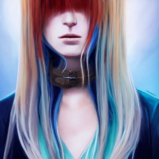 Image similar to full face shot of rimuru tempest, sky blue straight hair, long bangs, with amber eyes, wearing a fancy black jacket, high collar, ultra detailed, brush strokes, digital painting, cinematic, wlop artstation, closeup, pixiv, intense, intimidating glare, photorealistic, overpowering, andy warhol,