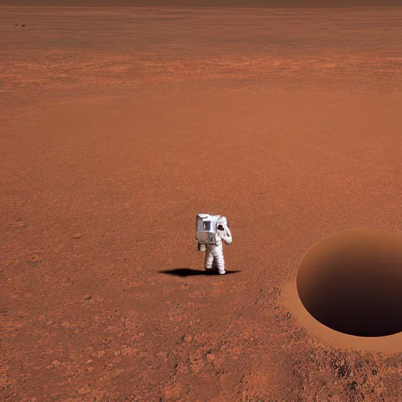 Image similar to wide shot a circular portal opened in an empty field showing an astronaut on the surface of mars on the other side. hyper realistic, 4 k