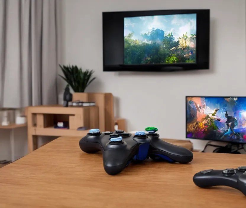 Prompt: game controller sitting on a table with a TV in the background, modern room, depth of field, high detail, complex