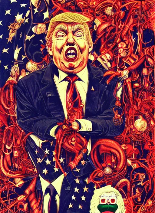 Prompt: donald trump is a disgusting clown, grotesque, horror, high details, intricate details, by vincent di fate, artgerm julie bell beeple, inking, vintage 90s print, screen print