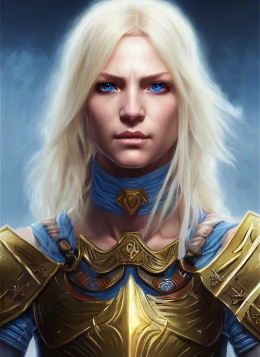 Prompt: a _ fantasy _ style _ portrait _ painting _ of white female paladin with blonde hair and blue eyes, scar under left eye, holy oil _ painting _ unreal _ 5 _ daz. _ rpg _ portrait _ extremely _ detailed _ artgerm _ greg _ rutkowski _ greg