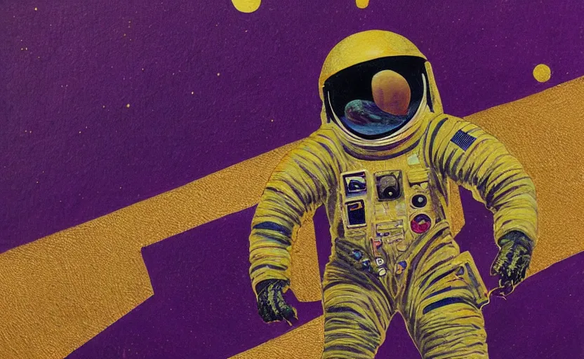 Image similar to insane _ detail _ textured _ art _ deco _ painting _ of _ astronaut _ full _ body _ flying _ from _ bottom _ left _ to _ top _ right _ muted _ greens _ and _ browns _ geometric _ gold _ and _ deep _ purple