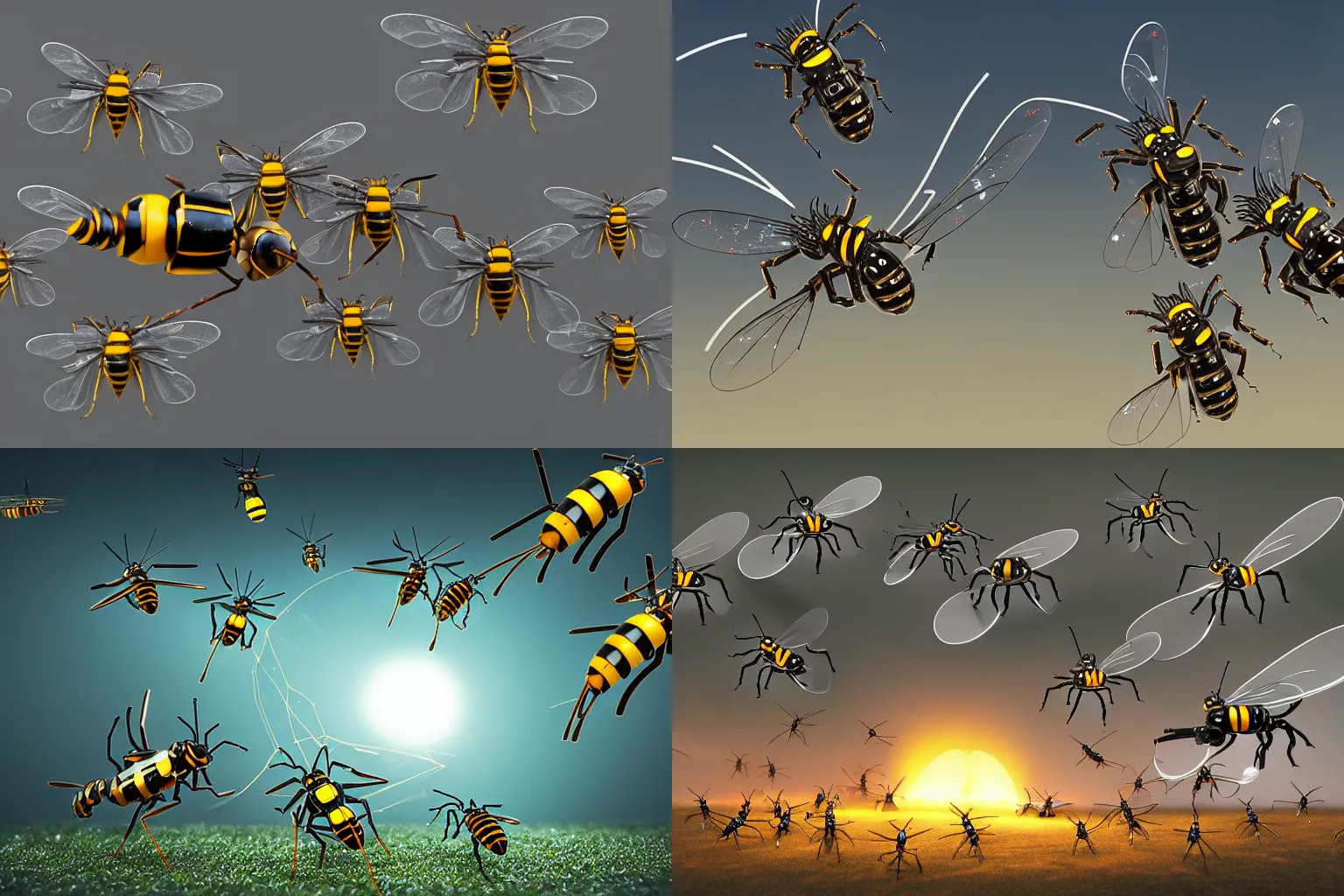 Prompt: robotic mechanical wasps with stingers in battle, 8 k, reflective