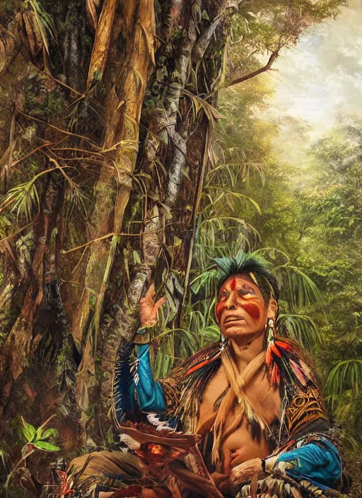 Image similar to a beautiful painted portrait of an indigenous shaman chanting in the jungle, matte painting, fantasy art, ayahuasca