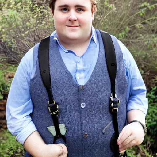 Image similar to clean-shaven (pudgy) british lad with short curly dark brown hair as a hobbit wearing a white men's crossbody sling chest bag and blue vest