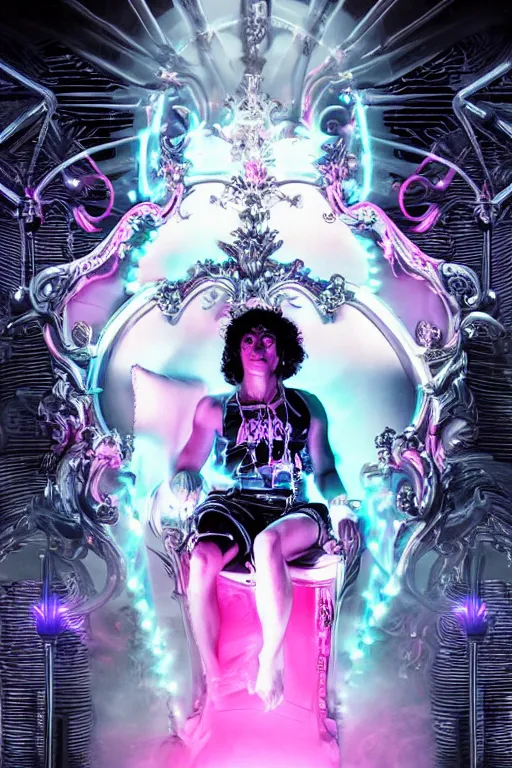 Prompt: full-body rococo and cyberpunk style neon statue of a young attractive Alex Rodriguez macho dotado e rico android sim roupa reclining con las piernas abertas e la piroca dura, glowing white lasers, glowing eyes, silver prince crown, black gears, pink diamonds, swirling mint-colored silk fabric. futuristic elements. ethereal white dripping tar. full-length view. human skulls. large pink balloon animals. intricate artwork by caravaggio. Trending on artstation, octane render, cinematic lighting from the right, hyper realism, octane render, 8k, depth of field, 3D