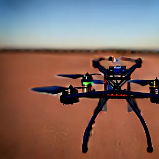 Prompt: 3d printer drone with giant extrusion nozzle in the australian desert, XF IQ4, 150MP, 50mm, F1.4, ISO 200, 1/160s, dawn