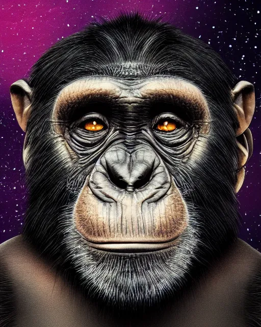 Prompt: very detailed high resolution illustration portrait of a chimpanzee head, backlit, night covered in stars, helmet, 3 d, 8 k, extremely detailed, artstation, award winning