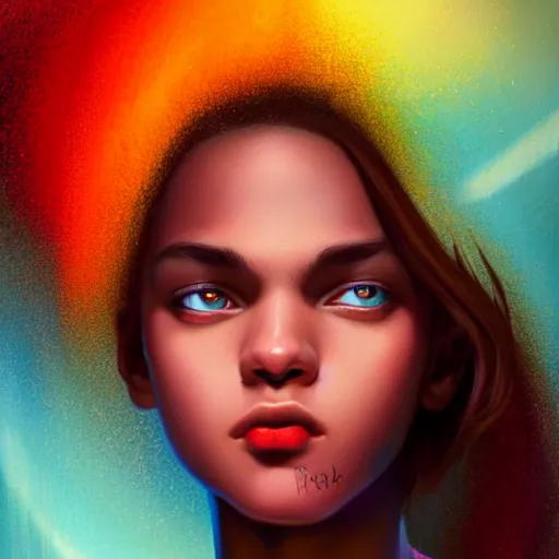 Image similar to colorful and festive captivating teenager with straight brown hair covering his eye, dark skin, big lips, big eyes, wearing a red t - shirt. rich vivid colors, ambient lighting, dynamic lighting, 4 k, atmospheric lighting, painted, intricate, highly detailed by charlie bowater