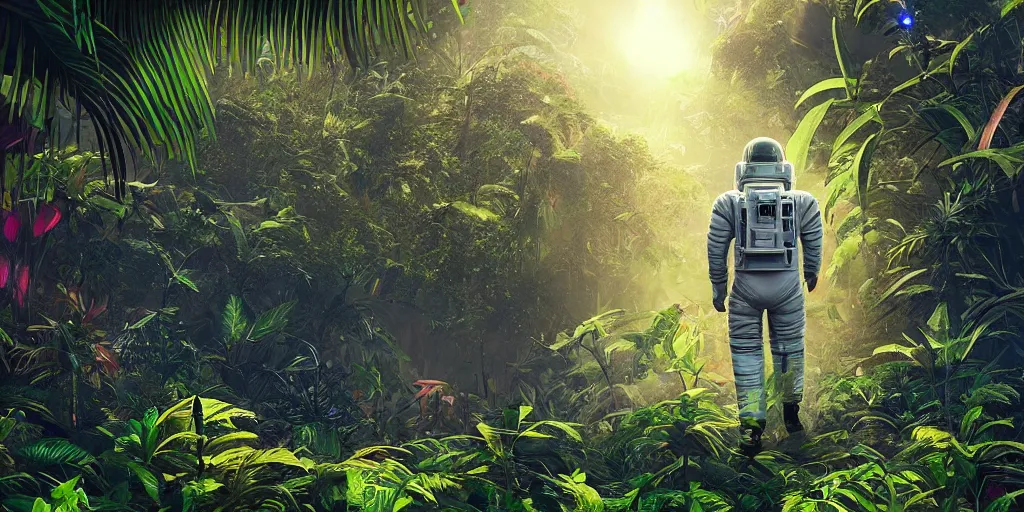 Prompt: a lone grey astronaut walking in lush and rainbow coloured extra terrestrial jungle with strange plants under a bright multi sun sky, hyper detailed, digital art, trending in artstation, cinematic lighting, studio quality, smooth render, unreal engine, masterpiece, 8k