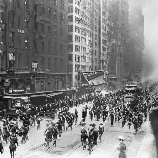 Image similar to old black and white photo, 1 9 1 3, depicting a diesel gundam rampaging through the bustling streets of new york city, historical record
