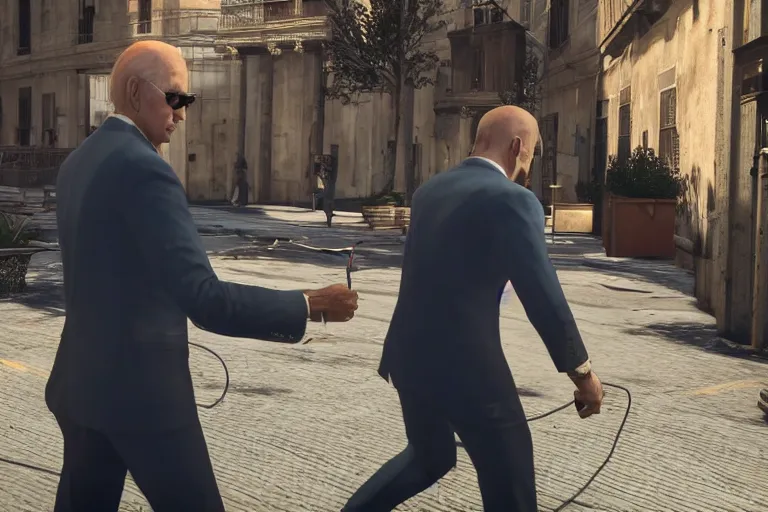 Image similar to screenshot of joe biden using fiber wire in hitman sapienza, ray tracing