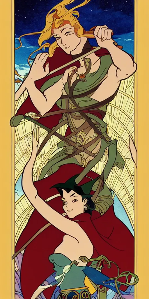 Prompt: the fool, rider tarot card with an art deco boarder, high quality, digital painting, by don bluth and ross tran and studio ghibli and alphonse mucha, artgerm