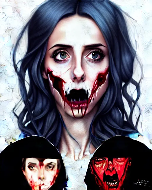 Image similar to loish, artgerm, Joshua Middleton art, Rafeal Albuquerque, pretty Alison Brie serial killer holding bloody knife in right hand realistic hand, blood on clothes and face, sarcastic smile, symmetrical eyes, symmetrical face, jean jacket, jeans, short blonde hair, middle shot, night time, deep blacks