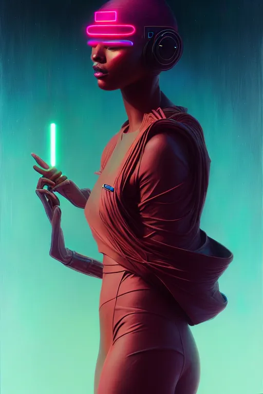 Image similar to patron saint of 🛸👩🏾, futuristic clothing, neon god of city character portrait, in the style of moebius, tom bagshaw, and waterhouse, cinematic lighting, beautiful, elegant, oil painting,