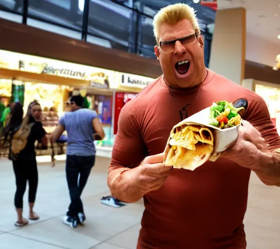 Image similar to duke nukem eating a burrito in a shopping mall