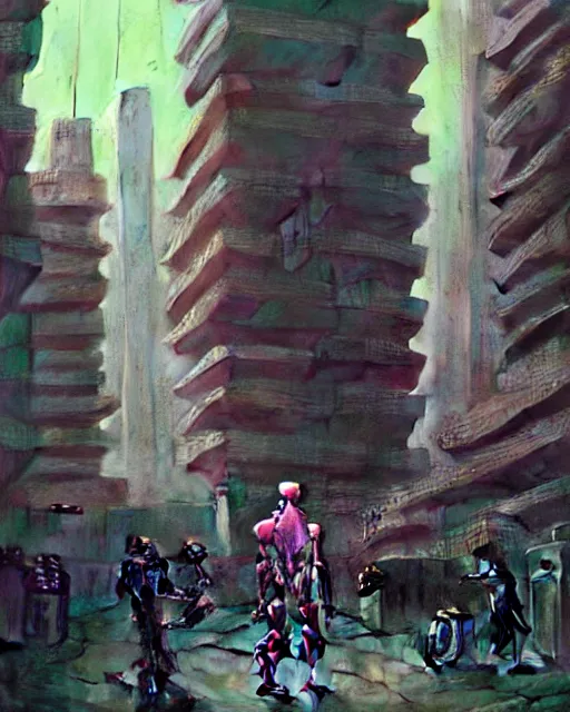 Image similar to hyperrealistic exoskeleton mecha iridescent pink brutalist city ruins background concept art santiago caruso de chirico sharp very dramatic green light 8k low angle shallow depth of field