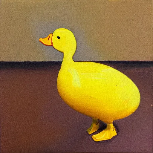 Image similar to yellow duck standing and holding a knife, oil painting