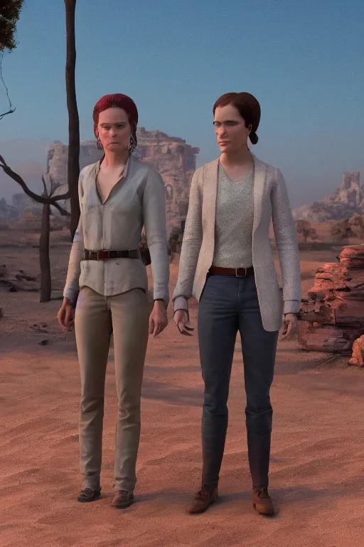 Image similar to Tessa Thompson and Evan Rachel Wood star in HBO's Westworld, 3d render, Pixar