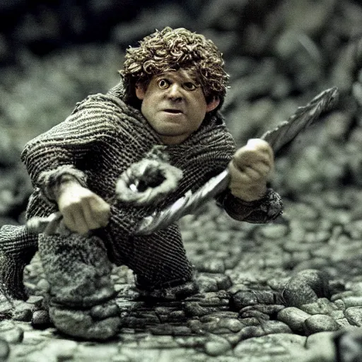 Image similar to claymation of samwise gamgee fighting shelob the spider in LOTR return of the king (2003), gritty, tilt shift, award winning, highly textured, very detailed!, eerie