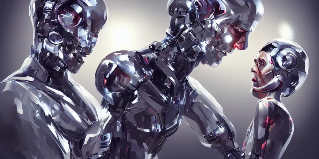 Image similar to two cyborgs reaching towards each other, beautiful digital artwork, artstation, trending on behance