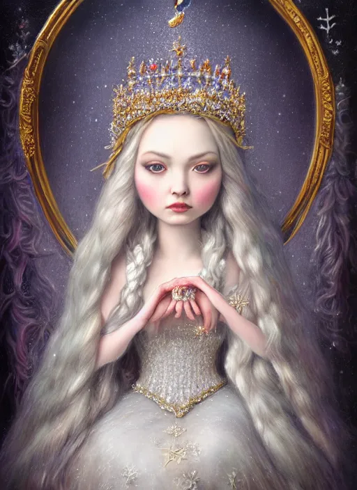 Image similar to highly detailed closeup portrait of a snow, ice princess wearing a crown and sitting on a throne, nicoletta ceccoli, mark ryden, lostfish, earl nore, global illumination, god rays, detailed and intricate environment