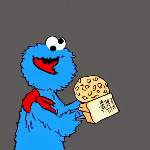 Prompt: cookie monster holding a light samer, anime style.