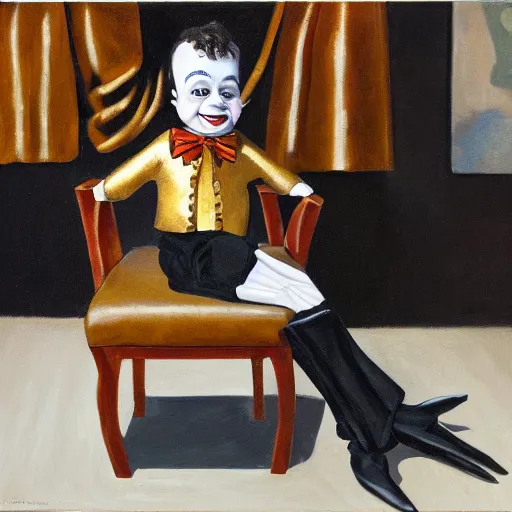 Prompt: oil painting of ventriloquist's dummy, sitting on chair with black leather seat, gold theater tragedy mask on floor, black curtains in background, by paula rego