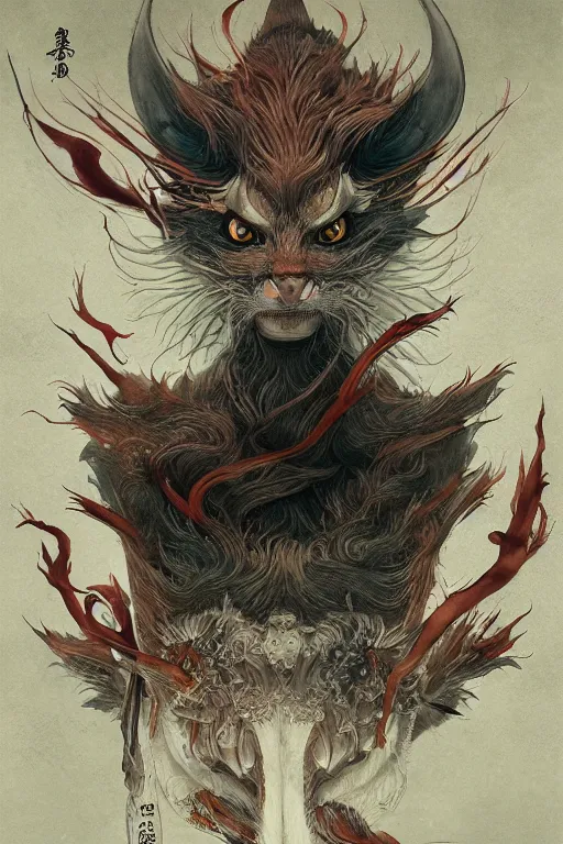 Image similar to a portrait of a japanese devil animal illustrated by miyazaki by karol bak, james jean, tom bagshaw, rococo, sharp focus, trending on artstation, cinematic lighting, hyper realism, octane render, 8 k, hyper detailed, vivid, ultra detailed, highly detailed