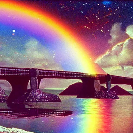 Image similar to rainbow bridge of asgard, film still, highly detailed, shimmering, sparkling, magical