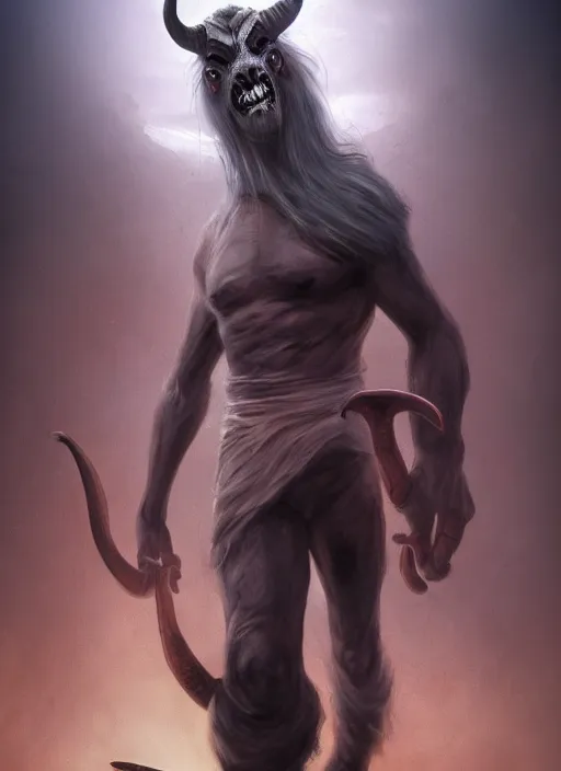 Image similar to terrific jinn demon in with hoof on his feet and goat face with long cloth, horror, dark atmosphere, harsh lighting, cinematic lighting, scary, award wining art, artstation, high details, concept art, 4 k
