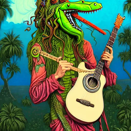 Image similar to amphibious pagan hippy god with crocodilian head and mantis wings. he holds a guitar and smokes a coconut pipe. vivid tones. smooth concept art, 4 k matte portrait by rebecca guay and dan mumford, trending on artstation, pagan wicca. delightful charming digital painting