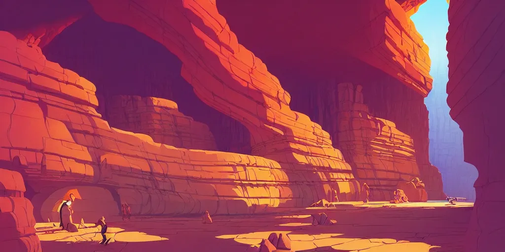 Image similar to deep natural cave wall, low ceiling, dynamic light, illustration by moebius, rhads, syd mead, dan mumford, clean thick line, comics style