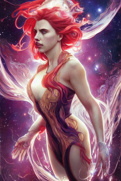 Image similar to celestial scarlett johansson emerging from a wormhole, by artgerm and yoshitaka amano and moebius and alphonse mucha, hyperdetailed, dc comics, ornate, nebula, explosions in the sky, trending on artstation