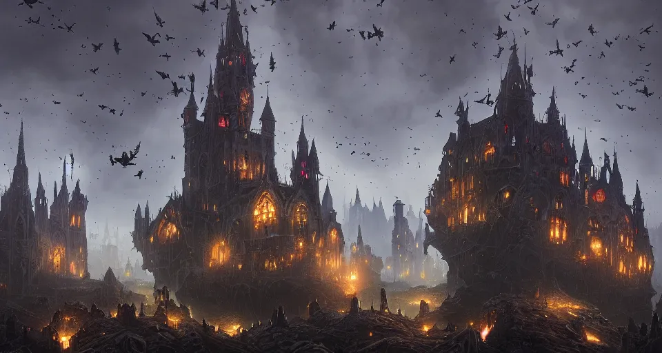 Image similar to floating flying castle with gothic architecture and swarms of tiny black specks, by Greg Rutkowski and Raphael Lacoste and Dan Mumford, detailed, volumetric lighting, swarms of ravens, sorcerous magic, dusk