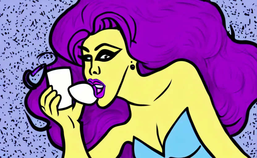 Prompt: portrait a fantasy drag queen licks powder, lying down on the grass in comic style