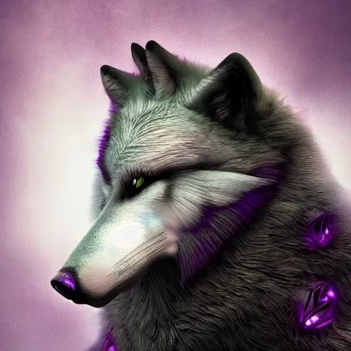 Image similar to actionism, soft painting fractal curiosities carnival, a single beautiful anthropomorphic hybrid wolf female mutation in full gothic armor, accurate features, focus, very intricate ultrafine details, black white purple volumetric clouds, award winning masterpiece, octane render 8 k hd