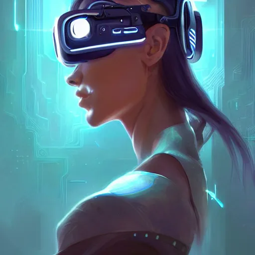 Prompt: portrait of a beautiful cybernetic female wearing a virtual reality headset, cyberpunk concept art by pete mohrbacher and artgerm and wlop and greg rutkowski, digital art, highly detailed, intricate, sci-fi, neon colors, sharp focus, Trending on Artstation HQ, deviantart, unreal engine 5, 4K UHD image