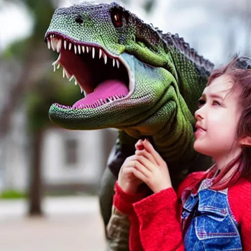 Image similar to girl with a pet dinosaur, cute,