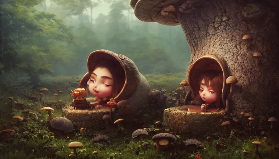 Image similar to dwarf resting under mushroom, by ilya kuvshinov, rtx rendering, octane render 1 2 8 k, maya, extreme high intricate details by tom bagshaw, medium shot, close up shot, composition by sana takeda, lighting by greg rutkowski