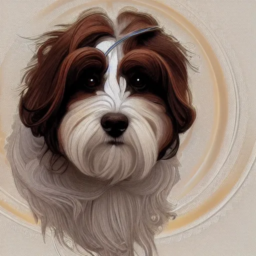 Prompt: beautiful detailed picture of a havanese with white and brown hair, radiant light, art nouveau, intricate, elegant, highly detailed, my rendition, digital painting, artstation, concept art, smooth, sharp focus, illustration, art by artgerm and greg rutkowski and alphonse mucha