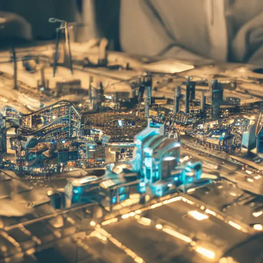 Prompt: crane shot of large group people in warehouse interior, looking at hologram of futuristic city on a table, cinematic still, godrays, golden hour, natural sunlight, 4 k, clear details, tabletop model buildings, tabletop model, ethereal hologram center, crane shot, crane shot, rule of thirds, people, people