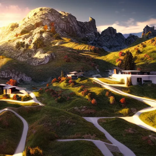 Image similar to alpine landscape with windy road and modern houses designed by frank lloyd wright scattered on the mountainsides, photo realism, dramatic lighting, high quality digital art, unreal engine, cinematic