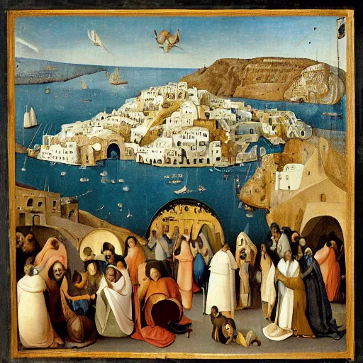 Prompt: santorini in the style of hieronymus bosch