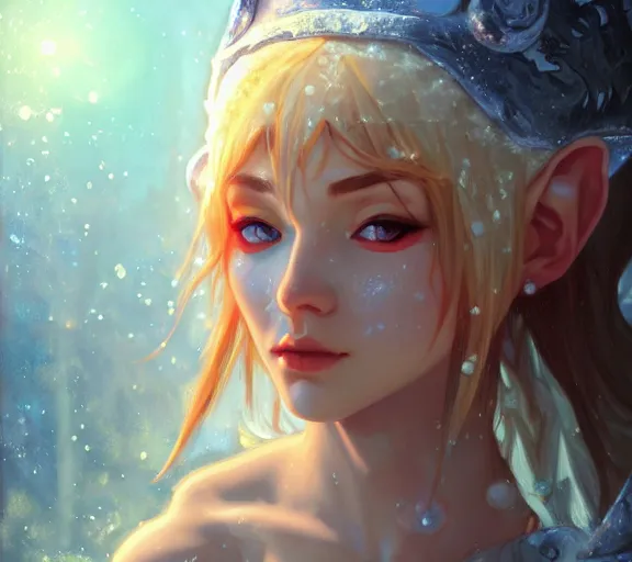 Image similar to beautiful ancient frost elf, fire in eye, snow glow, pool party, highly detailed, digital painting, artstation, sharp focus, illustration, art by tan zi and ayanamikodon and alphonse mucha and wlop