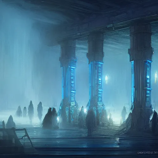 Image similar to D&D fantasy blue ghost spirits floating on a ship lower deck, intricate, elegant, highly detailed, D&D, digital painting, artstation, concept art, matte painting, sharp focus, illustration, glowing light and shadow, atmospheric, shadowy, cinematic, in the style of Greg Rutkowski