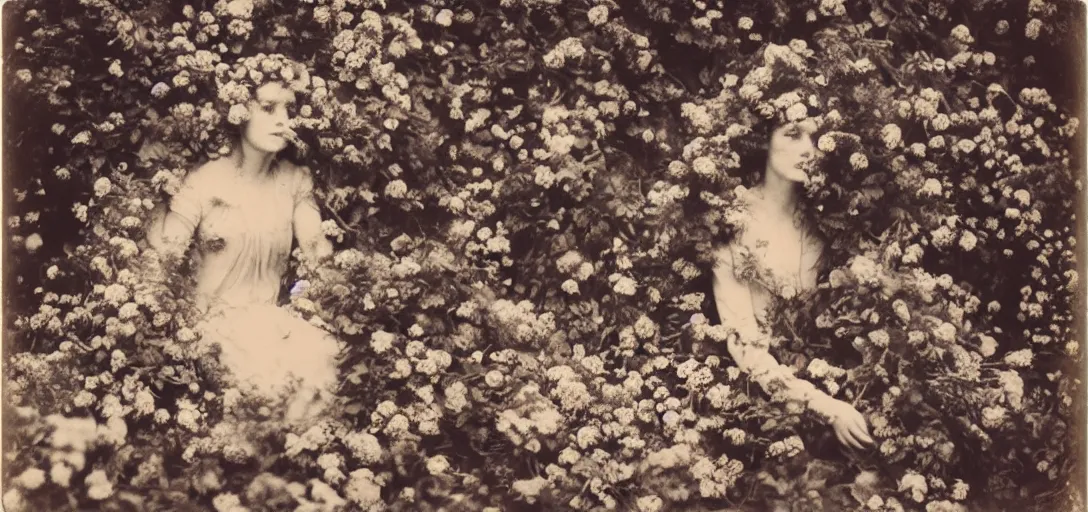 Image similar to portrait of a beautiful woman covered in flowers, Forest, ray gods, 1910 polaroid photography