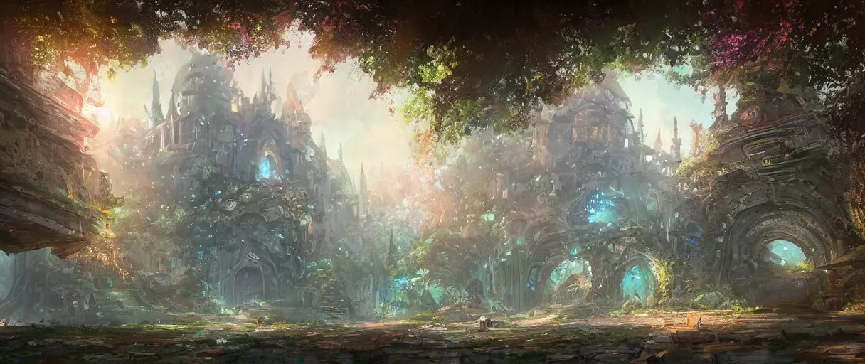 Image similar to huge academic castle city in the forest behind a garden, concept art, digital painting, style of jordan grimmer, warm lighting, futuristic, volumetric lighting, view from below, vivid colours, bright, daytime, godrays, high detail