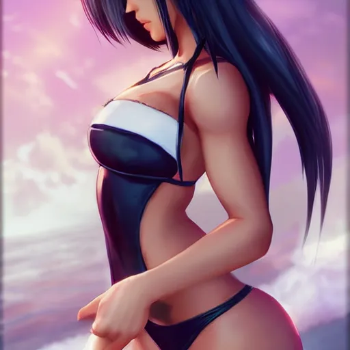Prompt: beautiful tifa from final fantasy in a bikini, drawn by artgerm