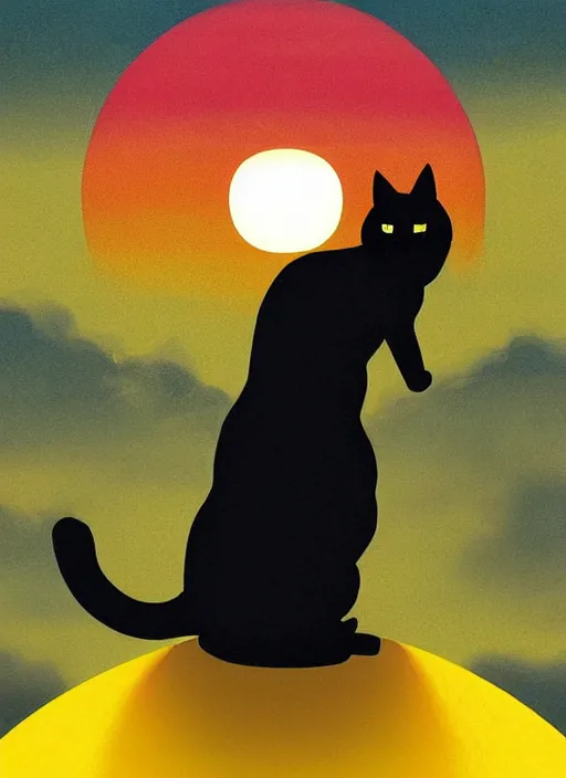 Image similar to a black cat standing on top of a yellow sun, a storybook illustration by sara saftleven, behance contest winner, nuclear art, sunrays shine upon it, god rays, digital illustration